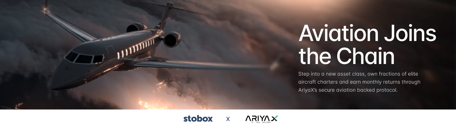 Aviation tokenization blockchain technology Stobox & AriyaX partnership announcement graphic.