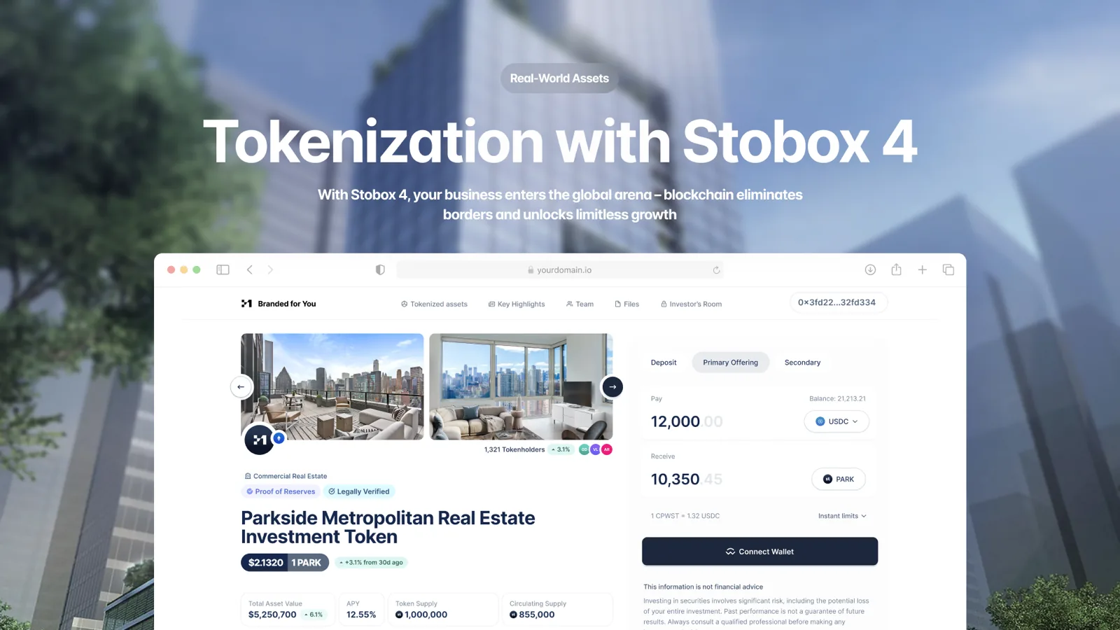 Stobox 4 platform showcasing tokenized real estate investment - Parkside Metropolitan Real Estate Investment Token priced at $21,320 per PARK token with 1,321 tokenholders. Interface displays luxury apartment properties with city skyline views, showing total asset value of $5,650,700, market cap of $1,000,000, and current supply of 855,000 tokens. Trading panel shows transaction for 12,000 USDC to receive 10,350 PARK tokens with integrated wallet connection and legal verification.