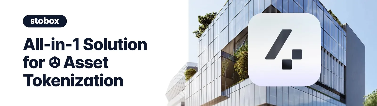 Stobox branding with "All-in-1 Solution for Asset Tokenization" text overlay on modern glass building background.