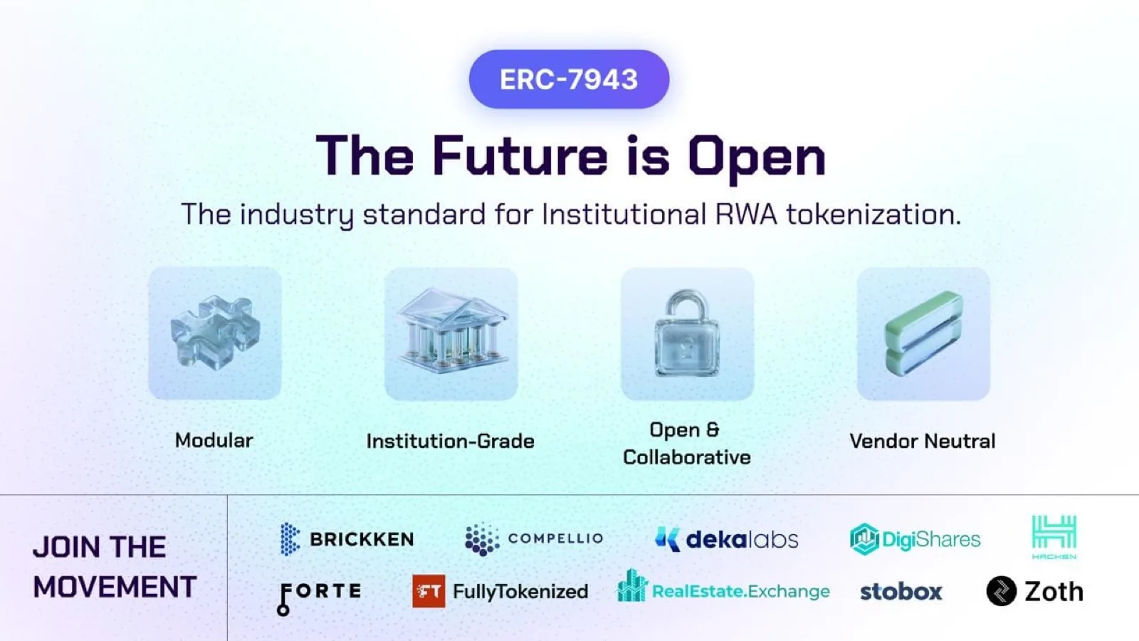 ERC-7943 tokenization standard key principles: Modular, Institution-Grade, Open & Collaborative, Vendor Neutral. Leading RWA companies including Stobox, Brickken, DigiShares join the movement.