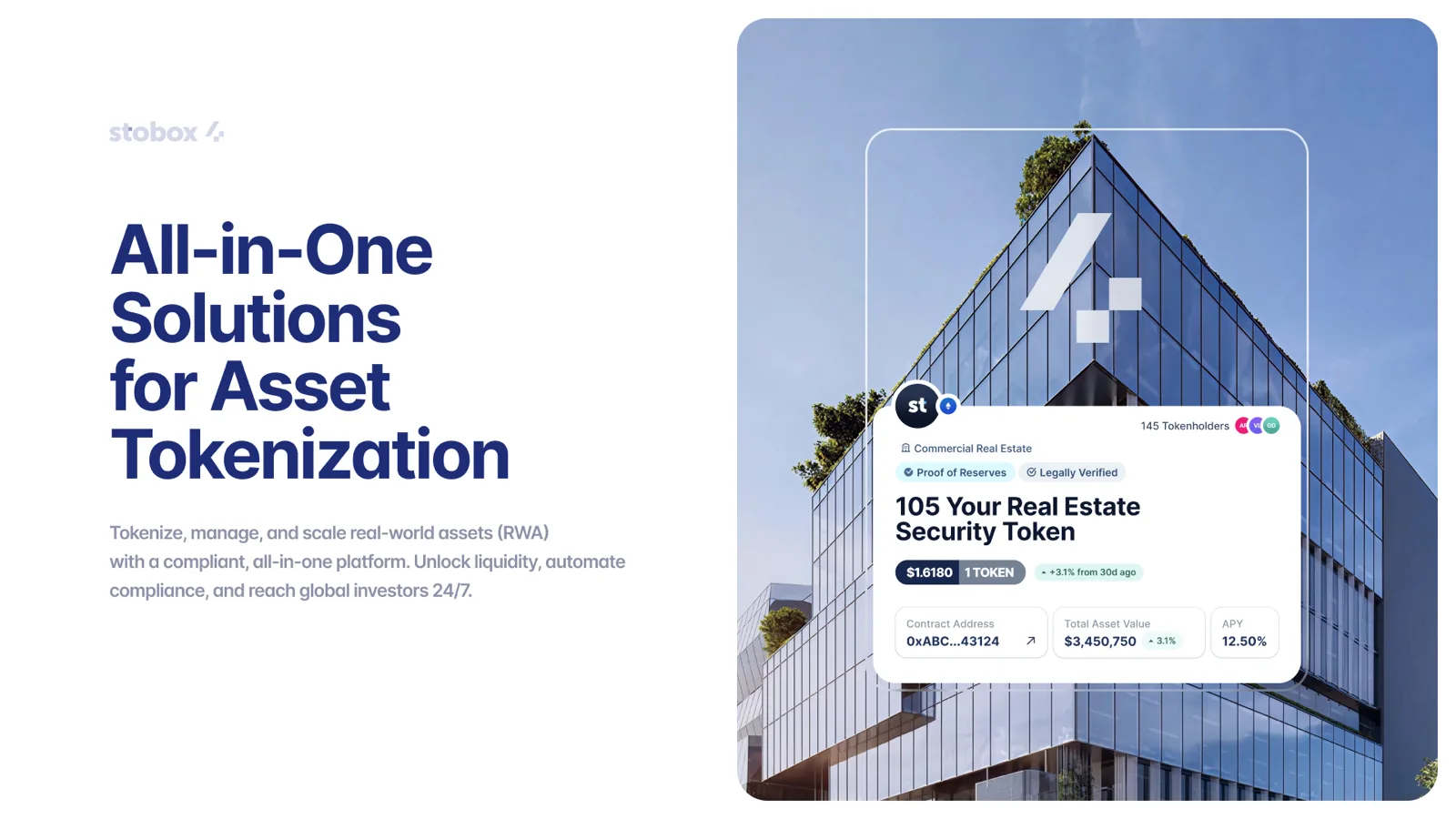 Stobox all-in-one asset tokenization platform showing real estate security token interface with 145 tokenholders, $1,618 per token value, and commercial real estate building visualization.