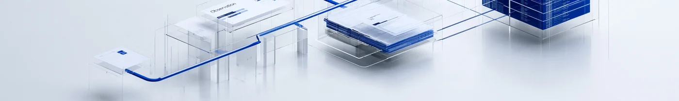 Spatial render: pages of a record travelling along one blue line into a stack of issues