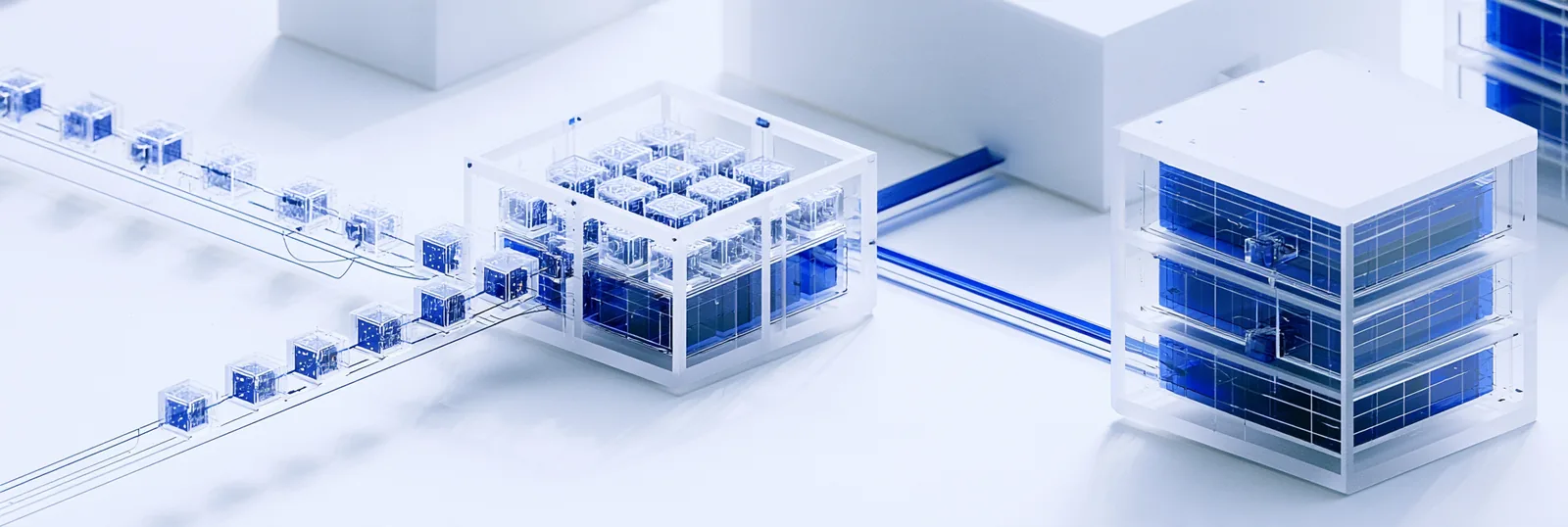 Spatial render: token modules moving along a line into two assembled blue ledgers
