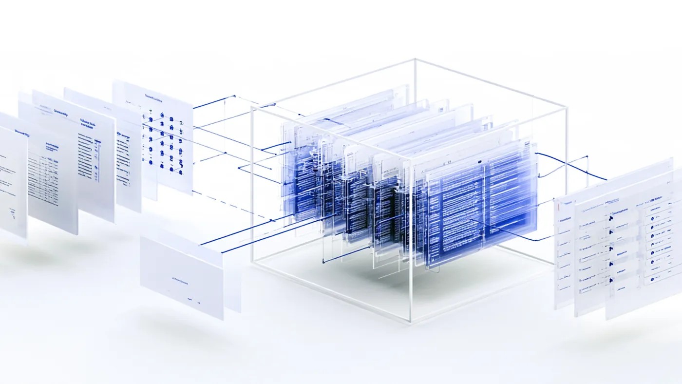 Spatial render: an asset document, ownership table and valuation record wired into one dense record cube